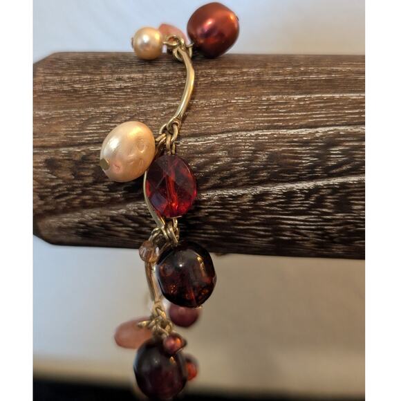 Gold Tone Colored Pearl Crystal Glass Amber Bead Scalloped Bar Toggle Bracelet - Picture 2 of 8